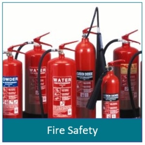 Picture of six different fire extinguishers. Under the picture it says Fire Safety
