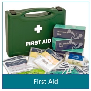 Picture of a first aid kit with dressings in front of it. Under the picture it says first aid