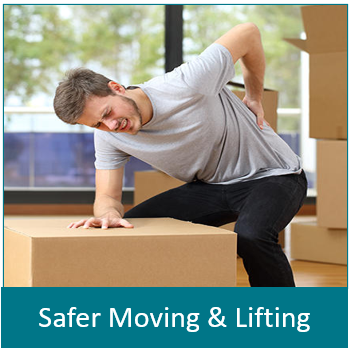 picture of man holding back while moving boxes. below picture it says safer moving and lifting. link to safer moving courses page 
